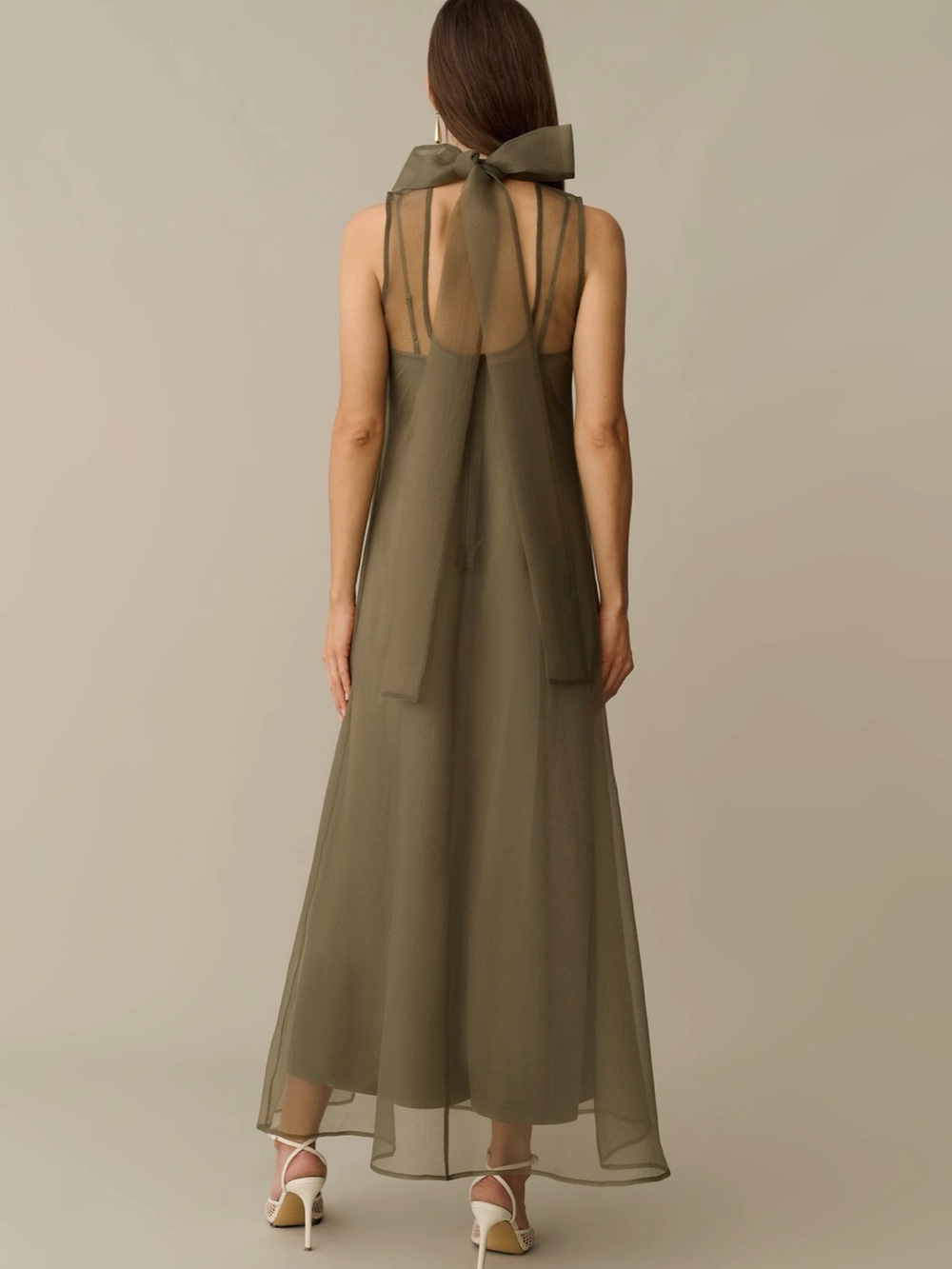 Sleeveless Olive Maxi Dress with Sheer High Neck - Picture 5 of 6